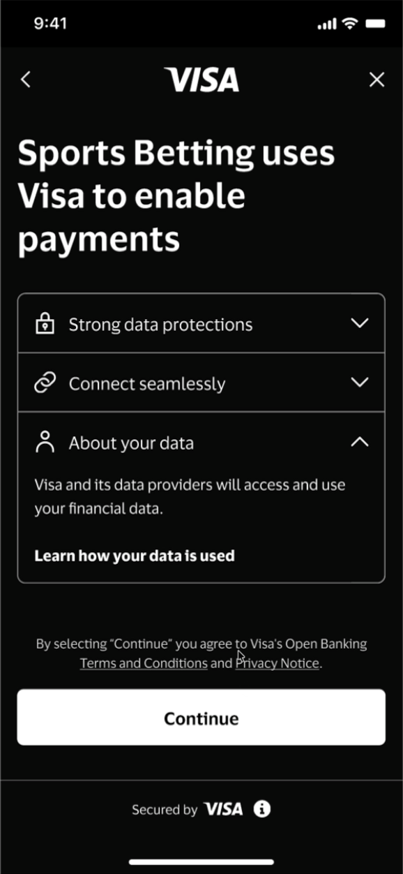 Visa Pay by Bank dark mode flow