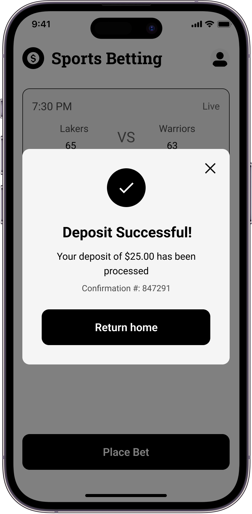 Sports betting app confirmation